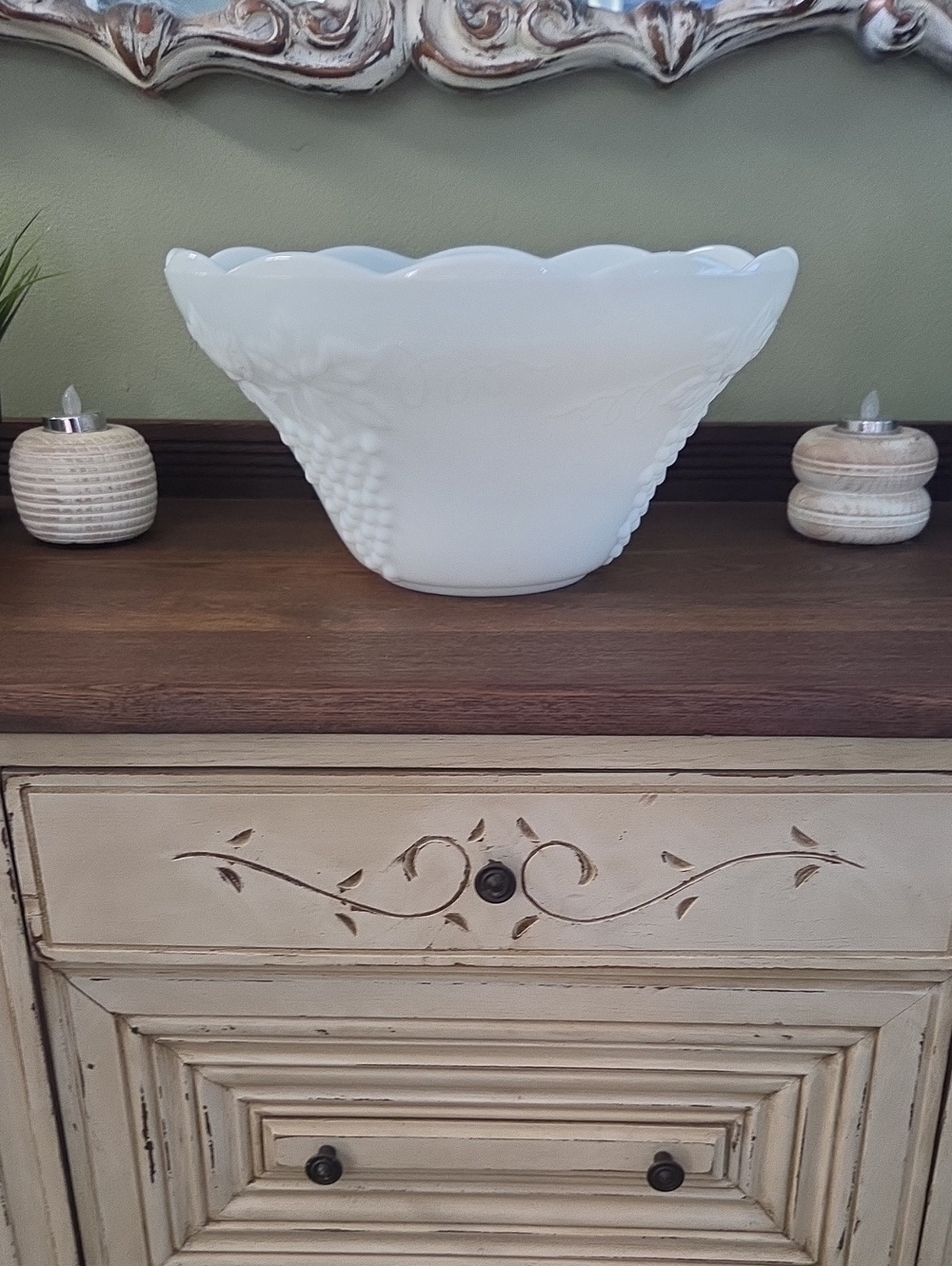 Vintage Anchor Hocking White Milk Glass Harvest Grape Punch Bowl